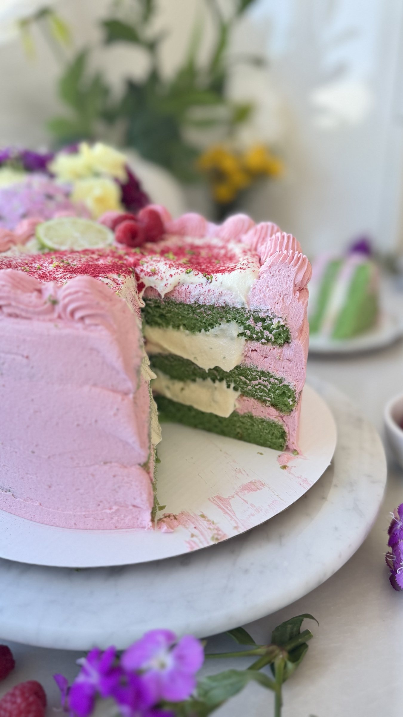 Gluten-Free Raspberry Lime Cream Cake, finished and ready to serve