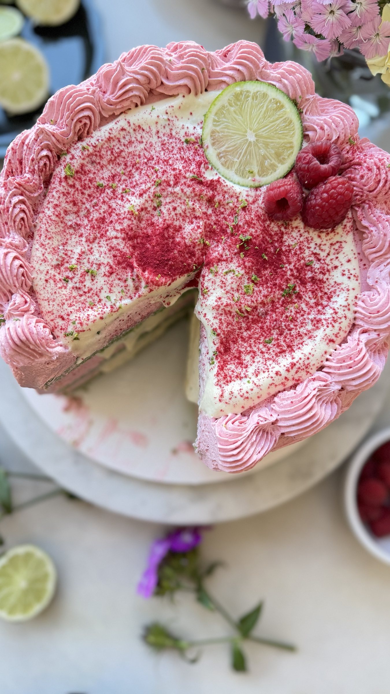 Gluten-Free Raspberry Lime Cream Cake: cut overhead