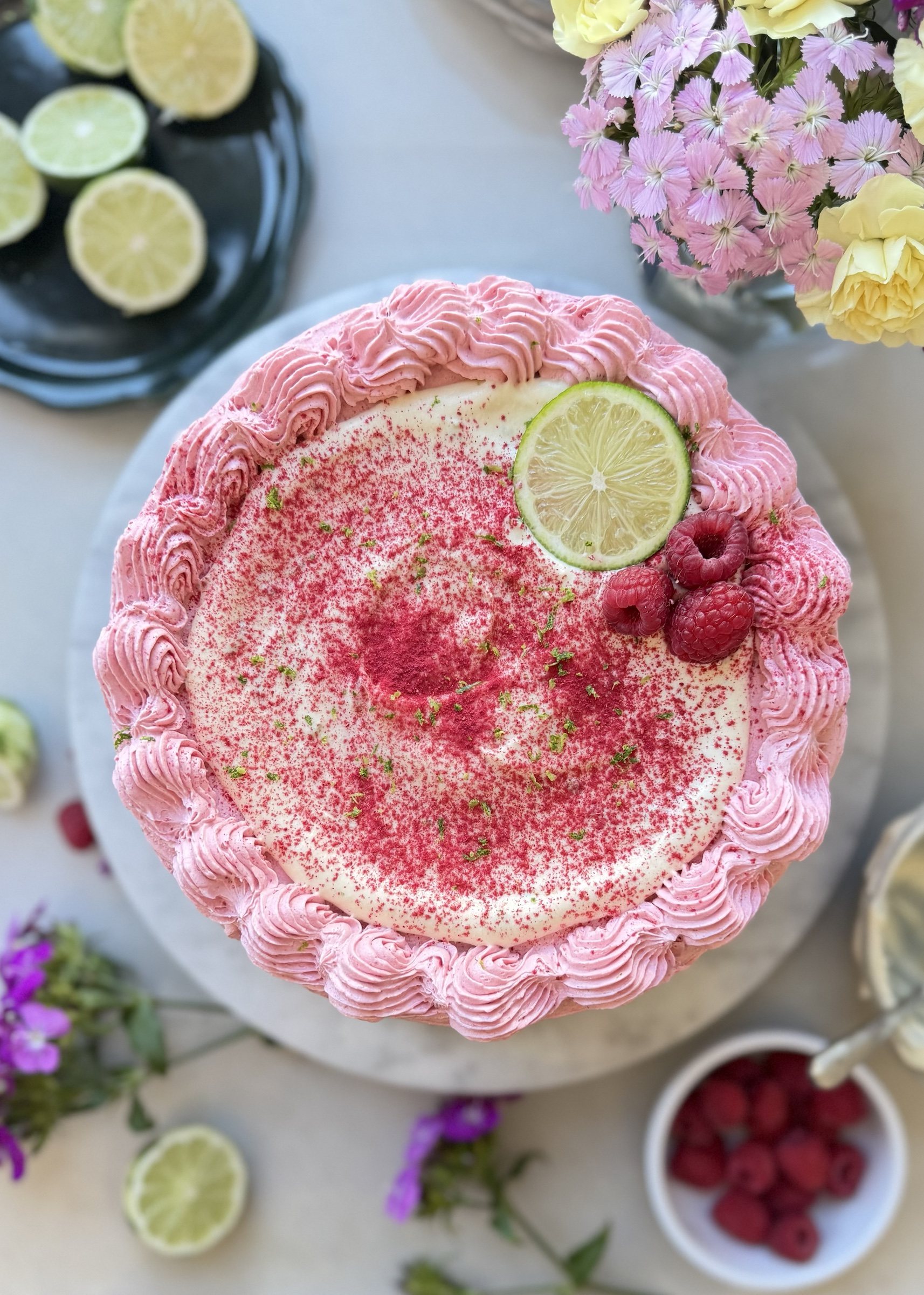 Gluten-Free Raspberry Lime Cream Cake: overhead