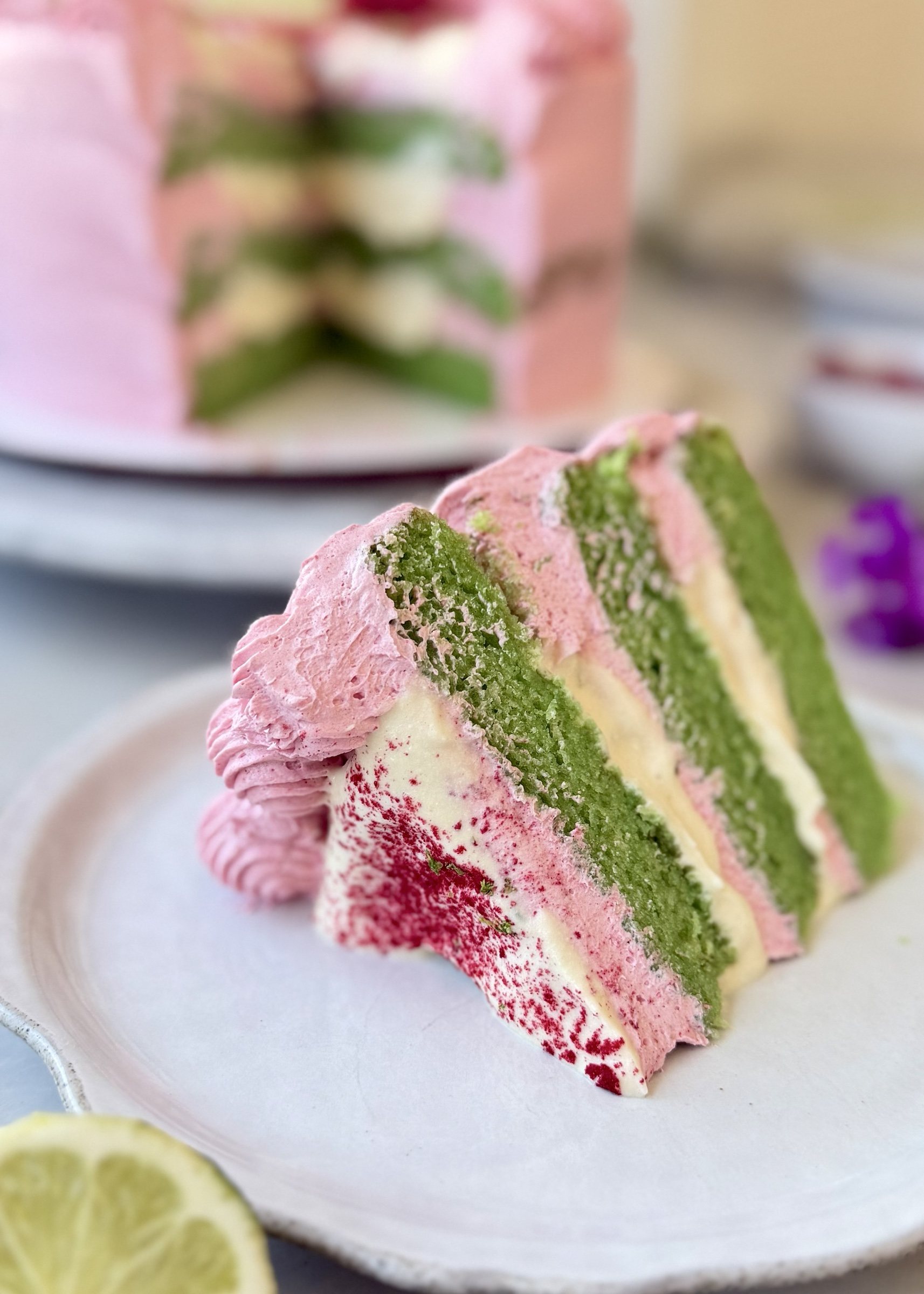 Gluten-Free Raspberry Lime Cream Cake: slice angle