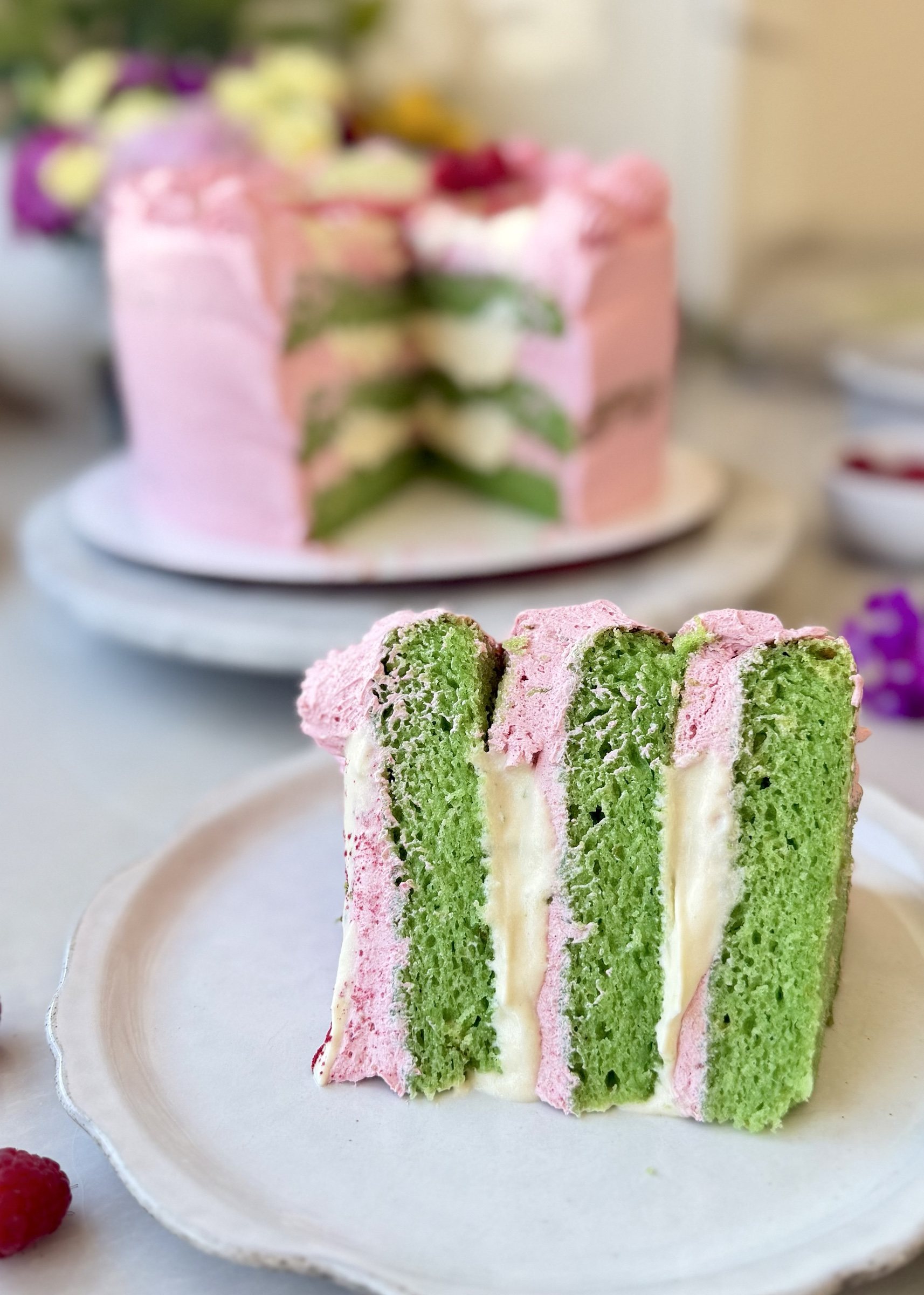 Gluten-Free Raspberry Lime Cream Cake: slice front