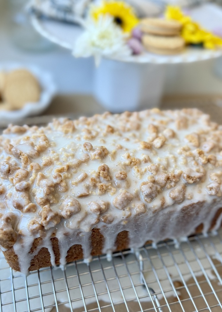 Completed Golden Oreo old-fashioned donut loaf covered with vanilla glaze and Golden Oreo streusel