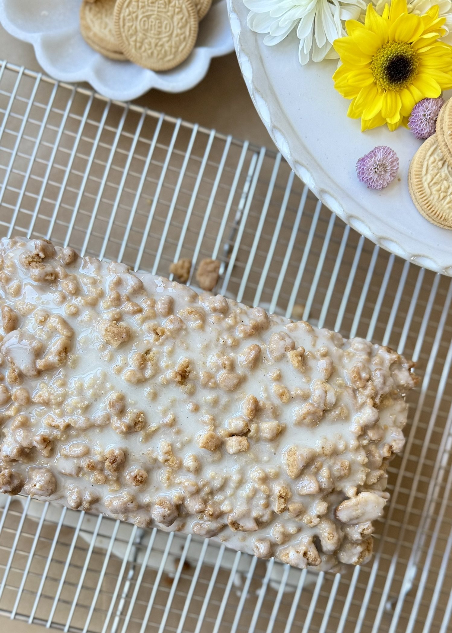 Golden Oreo Old-Fashioned Donut Loaf, finished and ready to serve