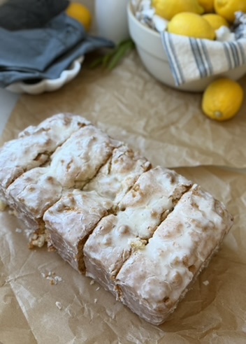 Glazed Lemon Old-Fashioned Donut Loaf cut into thick slices