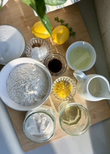 Overhead arrangement of ingredients for Lemon Old-Fashioned Donut Loaf
