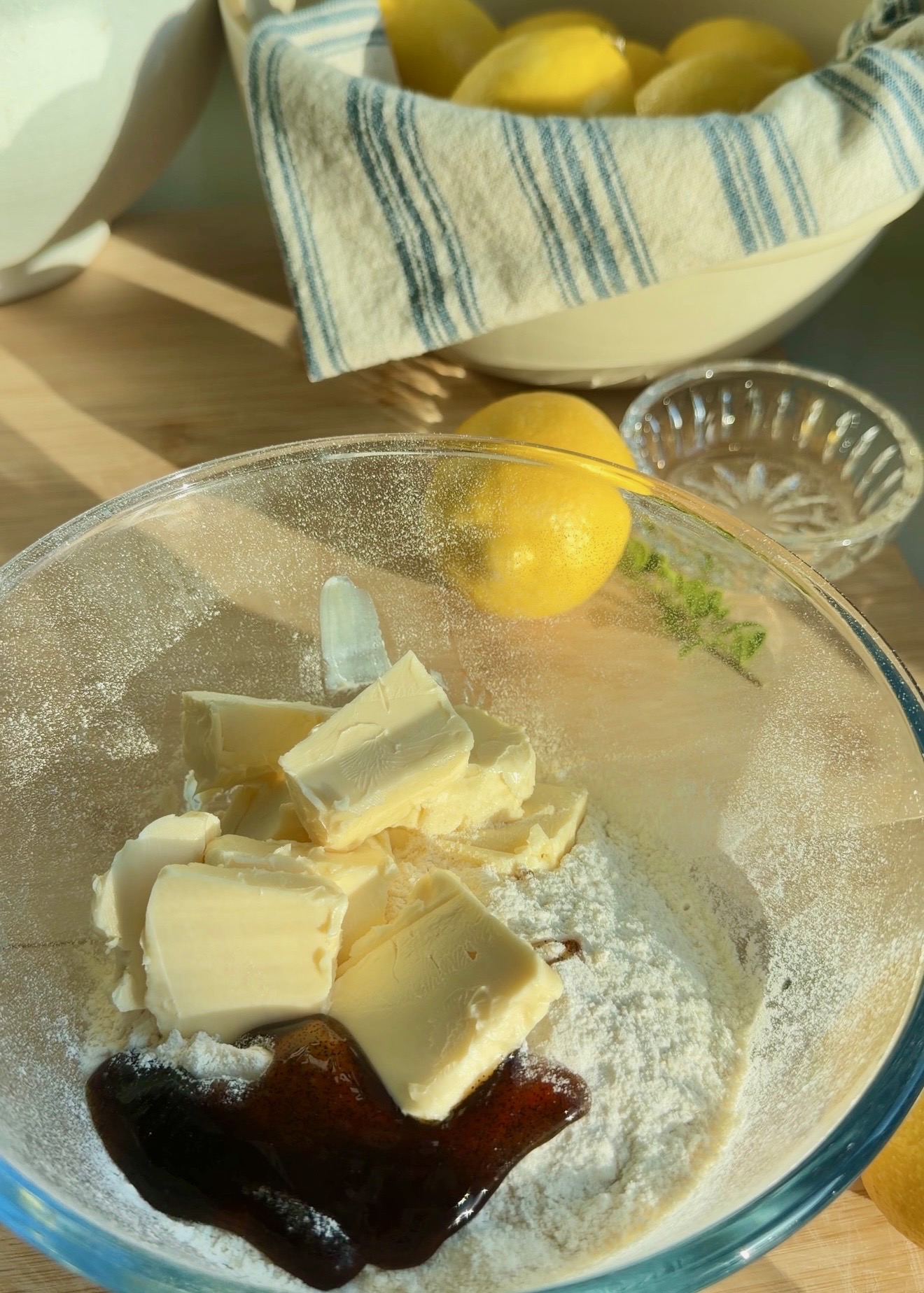 Cold butter, flour, sugar, salt, and vanilla bean paste ready for lemon loaf streusel