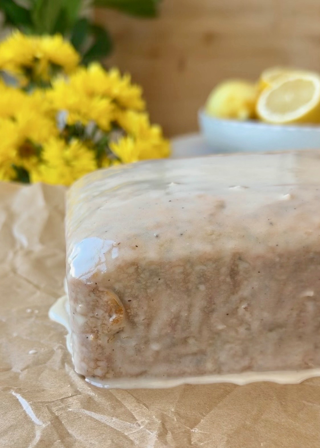 Lemon Poppy Seed Donut Loaf: glazed side
