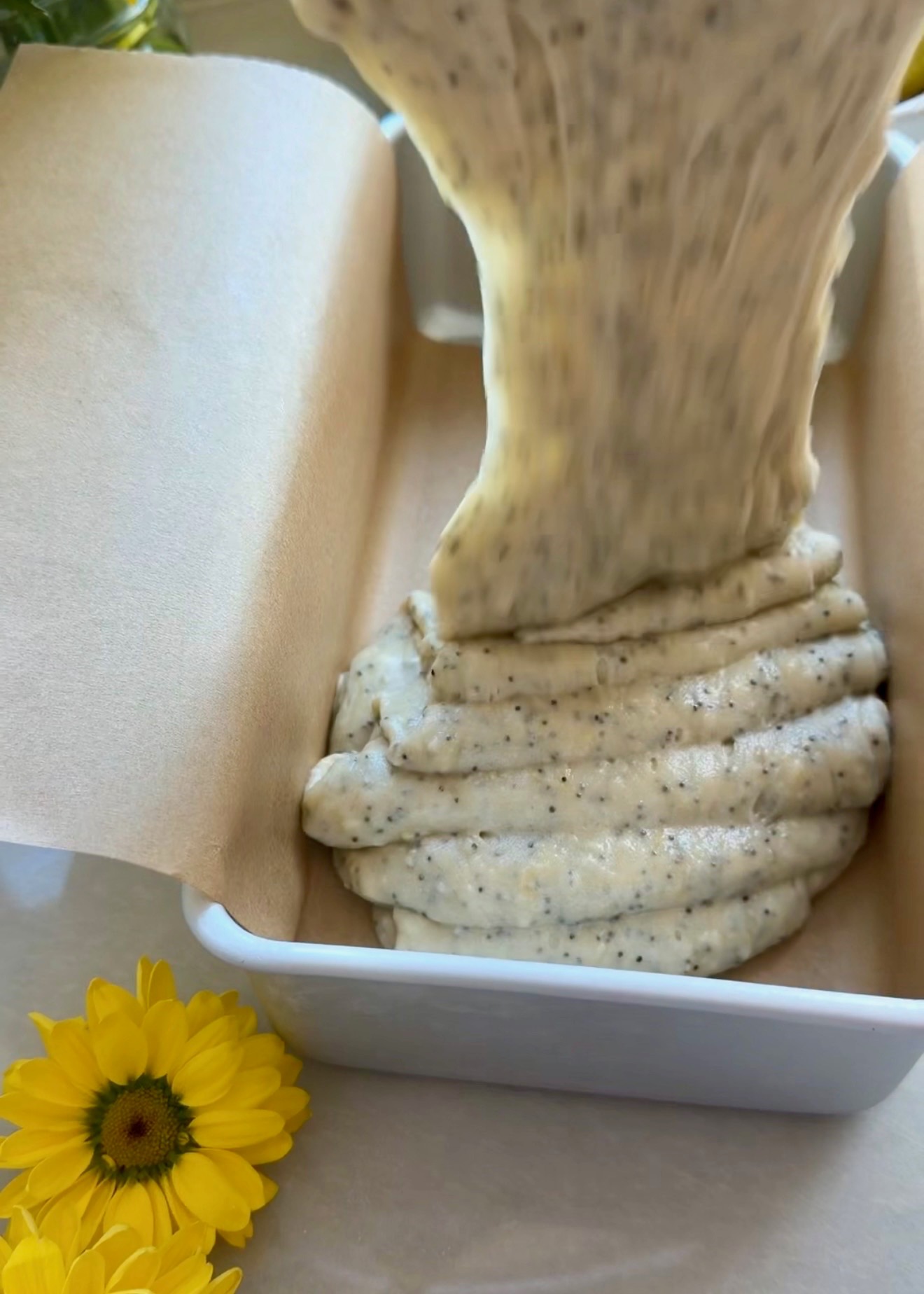 Lemon Poppy Seed Donut Loaf: batter pour