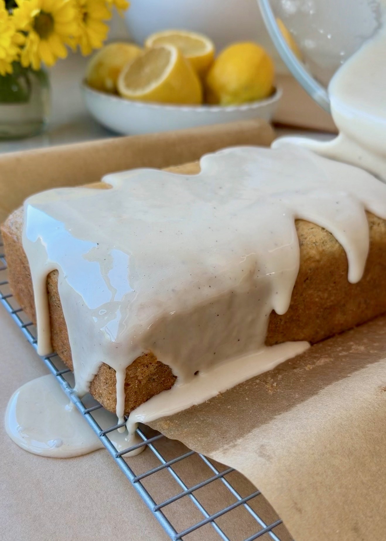 Lemon Poppy Seed Donut Loaf: glaze pour