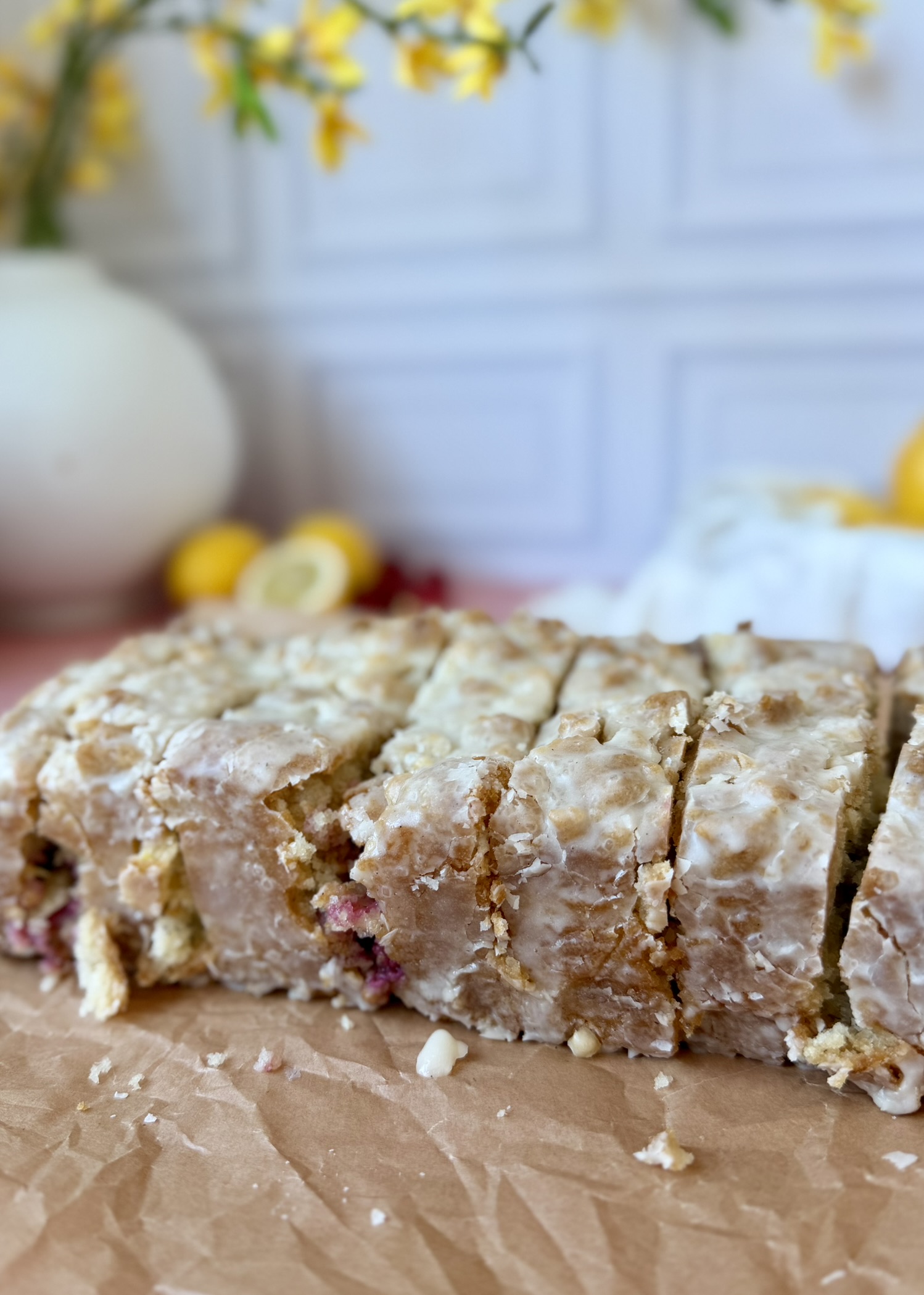 Lemon Raspberry Old-Fashioned Donut Loaf, finished and ready to serve