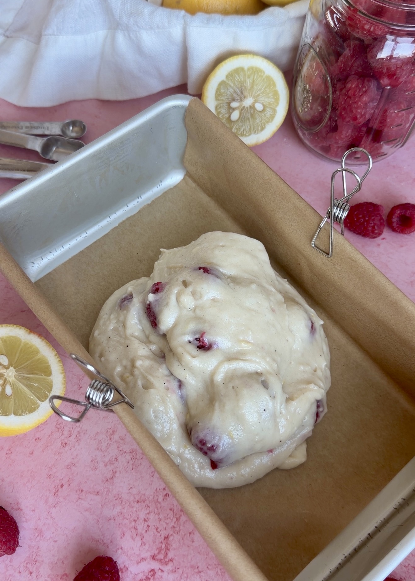 Lemon Raspberry Old-Fashioned Donut Loaf: batter in pan