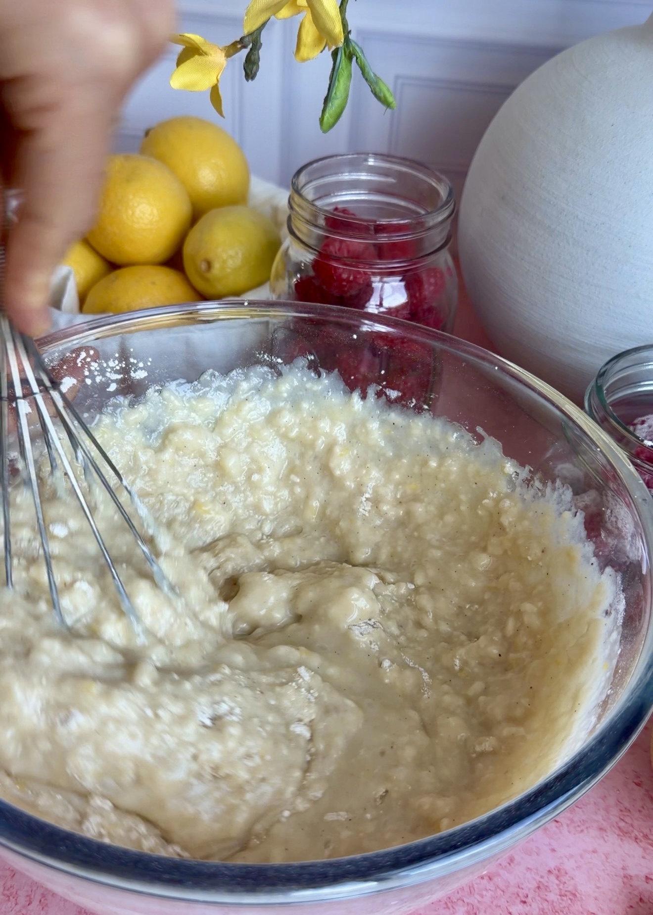 Lemon Raspberry Old-Fashioned Donut Loaf: mixing batter