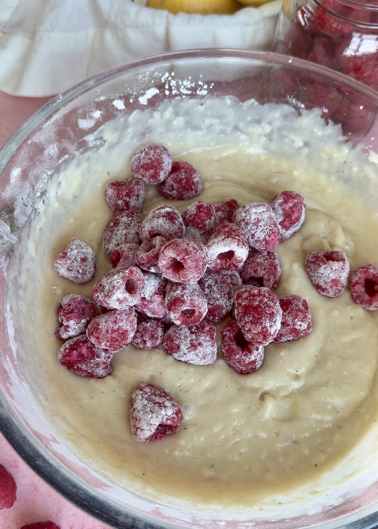 Lemon Raspberry Old-Fashioned Donut Loaf: raspberries in batter