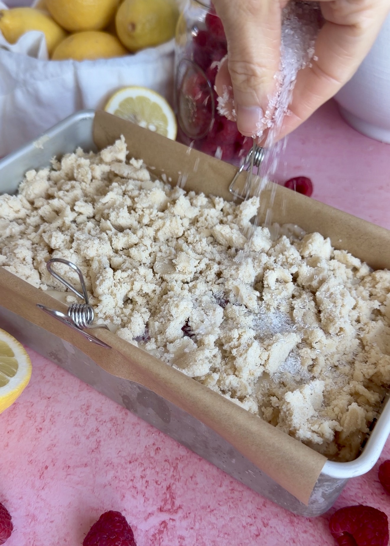 Lemon Raspberry Old-Fashioned Donut Loaf: sanding sugar