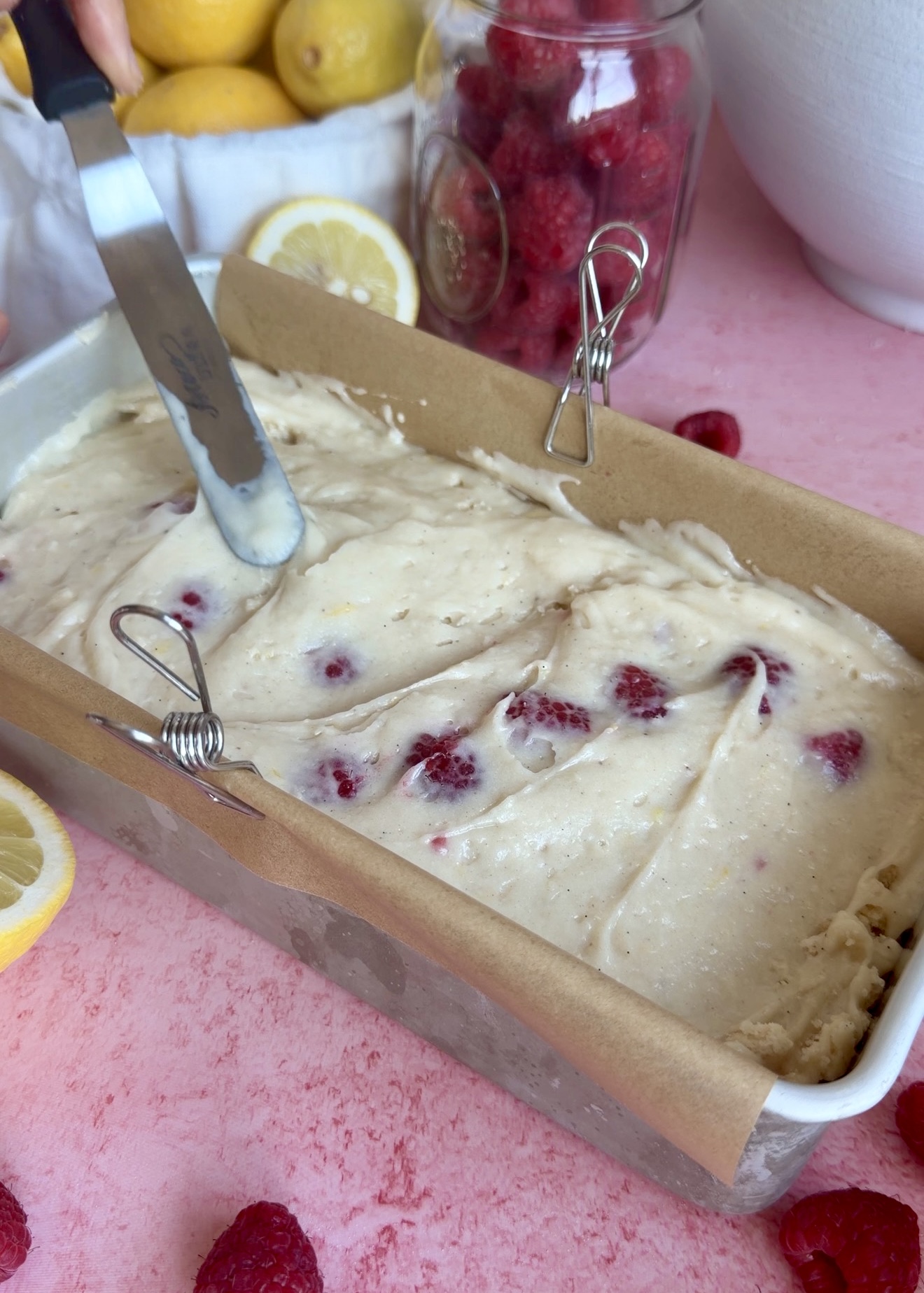 Lemon Raspberry Old-Fashioned Donut Loaf: spreading top batter