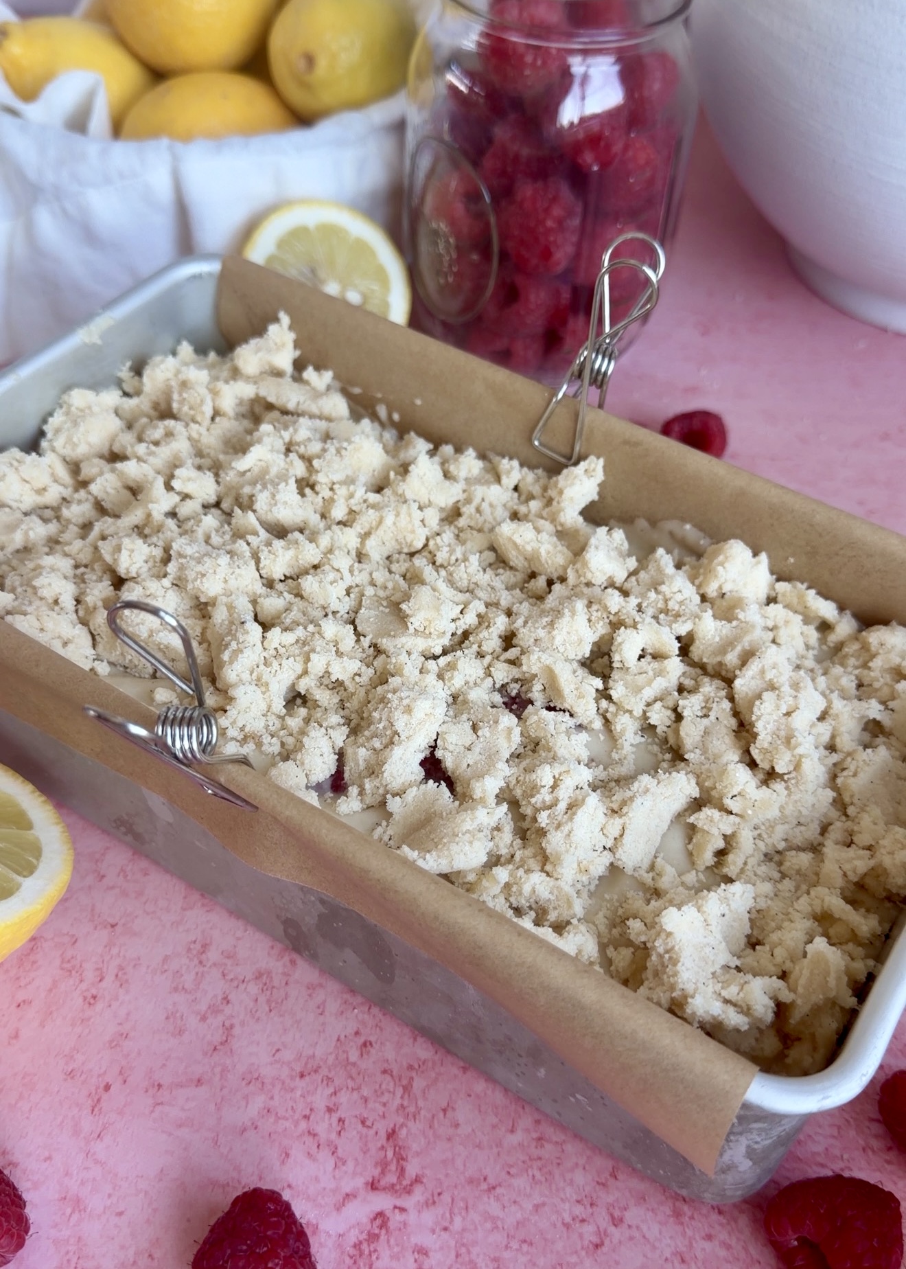 Lemon Raspberry Old-Fashioned Donut Loaf: top streusel