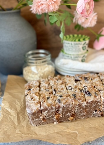 Sliced Oatmeal Cookie Donut Loaf with a glazed streusel top