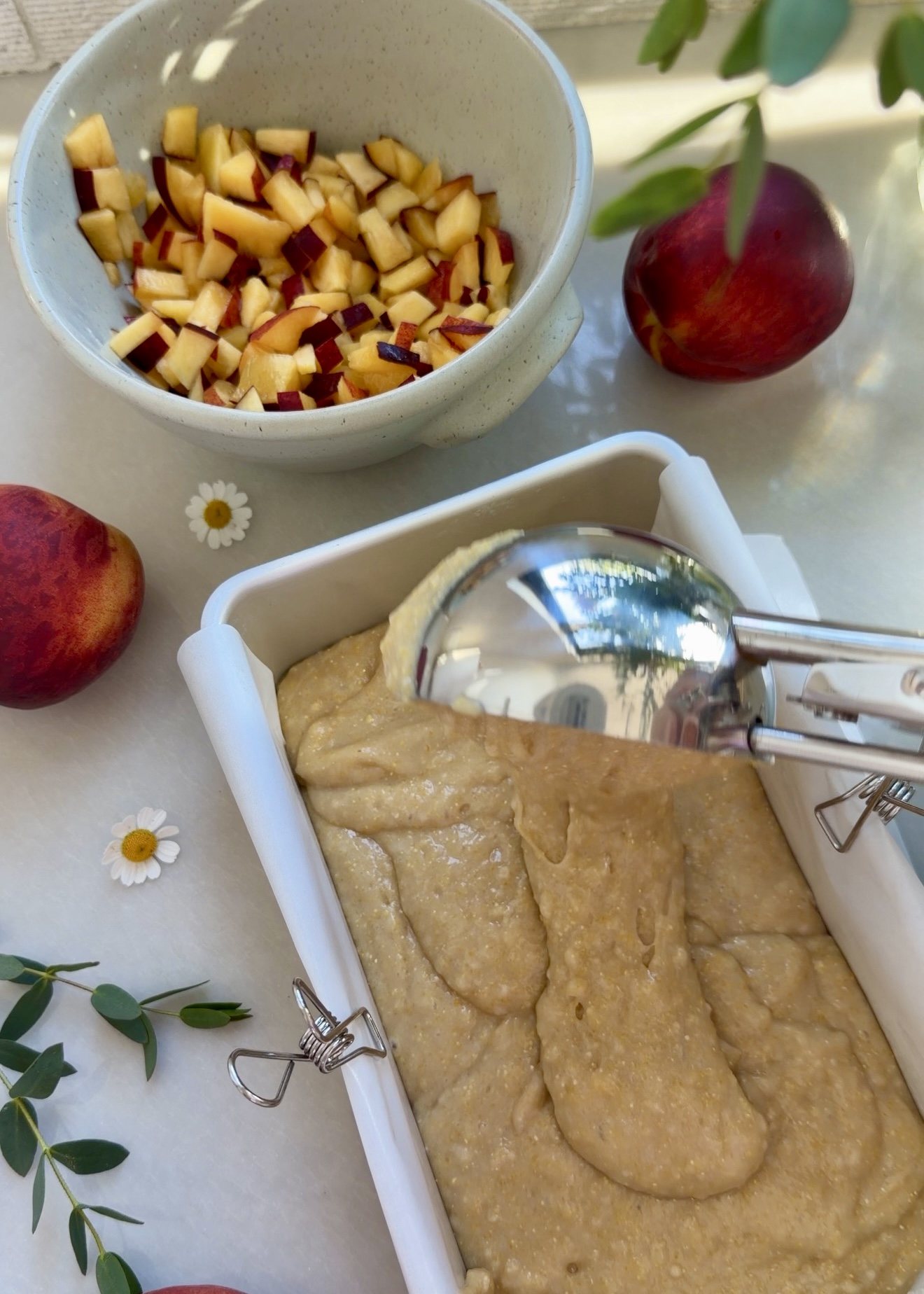 Peach Cornbread Donut Loaf: batter pan