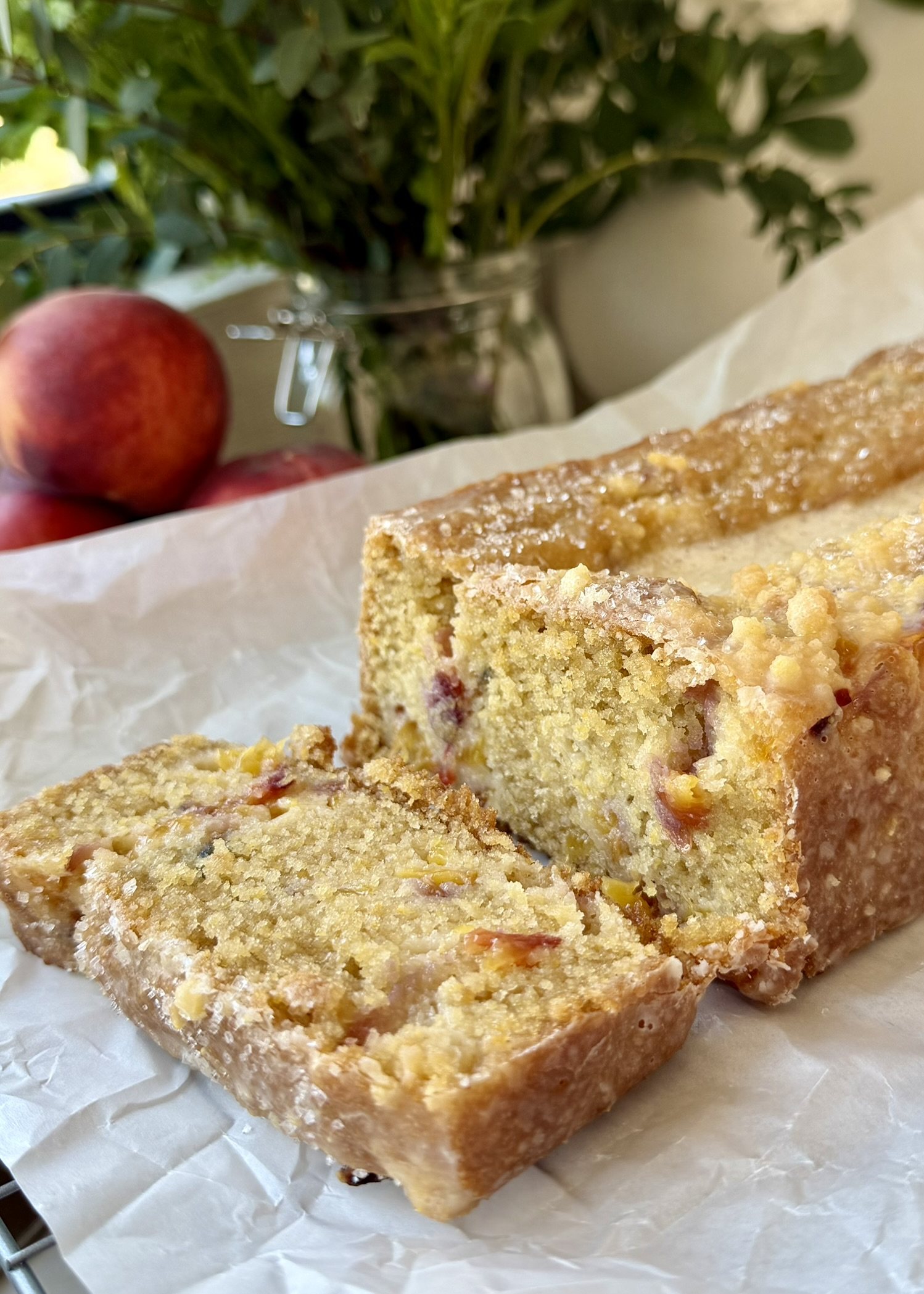 Peach Cornbread Donut Loaf, finished and ready to serve