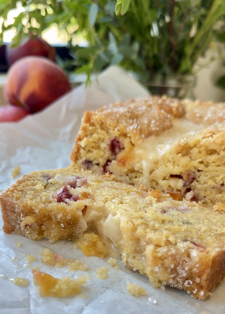 Peach Cornbread Donut Loaf, finished and ready to serve