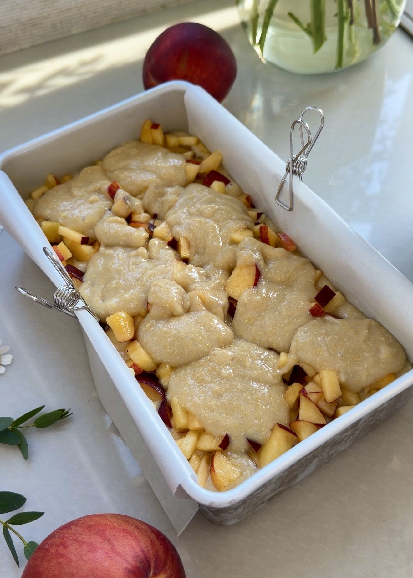 Peach Cornbread Donut Loaf: top batter
