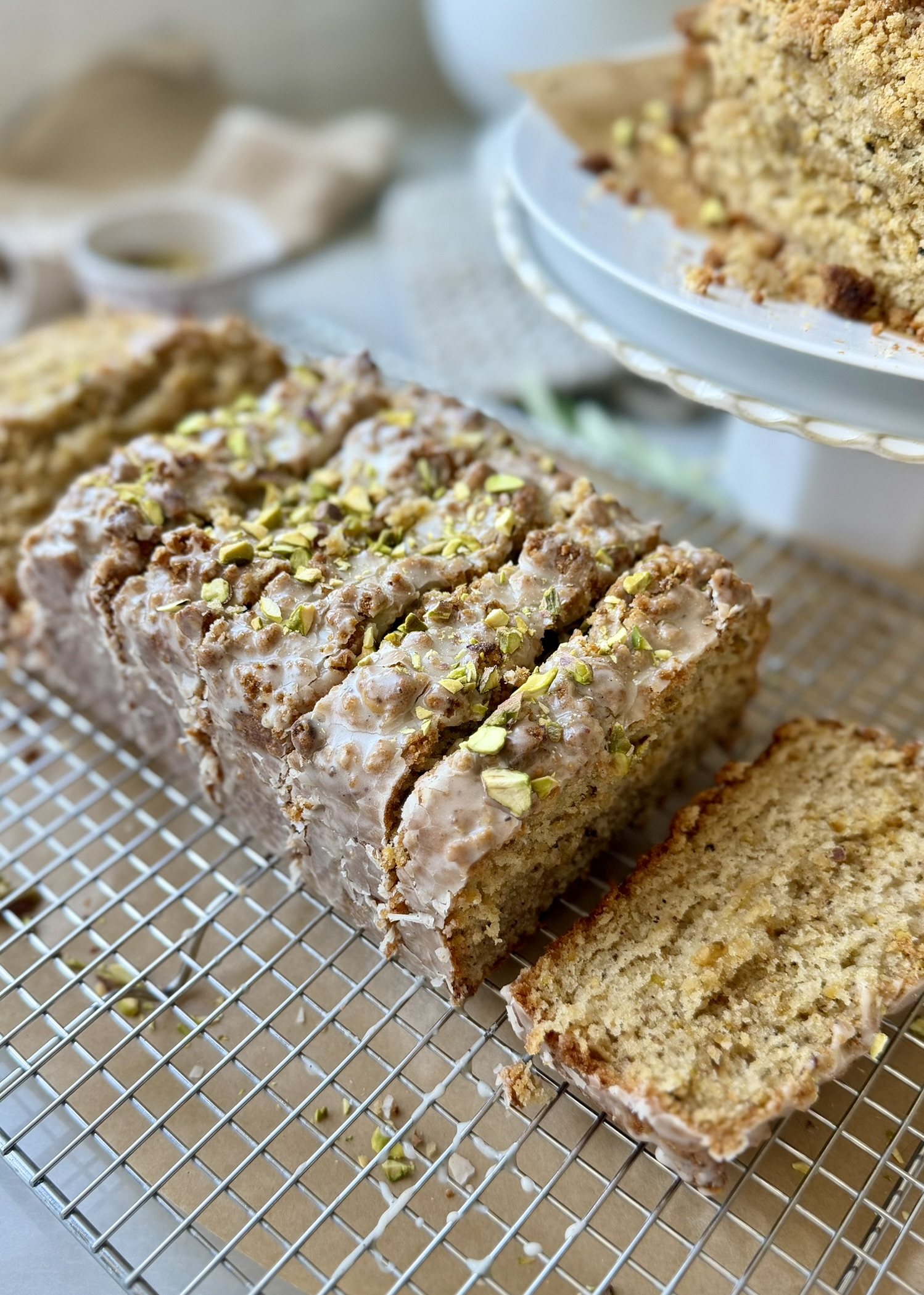 Pistachio Donut Loaf: sliced close
