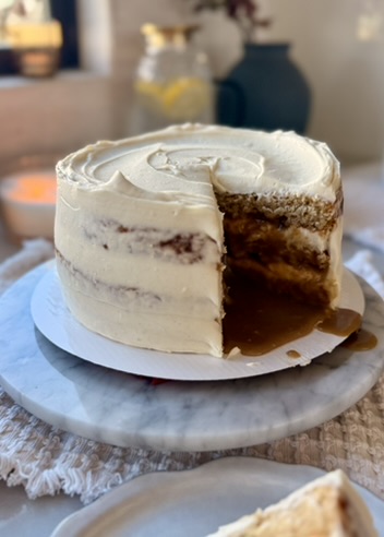 Salted Banana Caramel Cheesecake Cake, finished and ready to serve