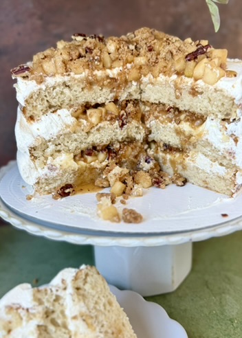 Finished Salted Caramel Dutch Apple Pie Cake cut open to show its layers