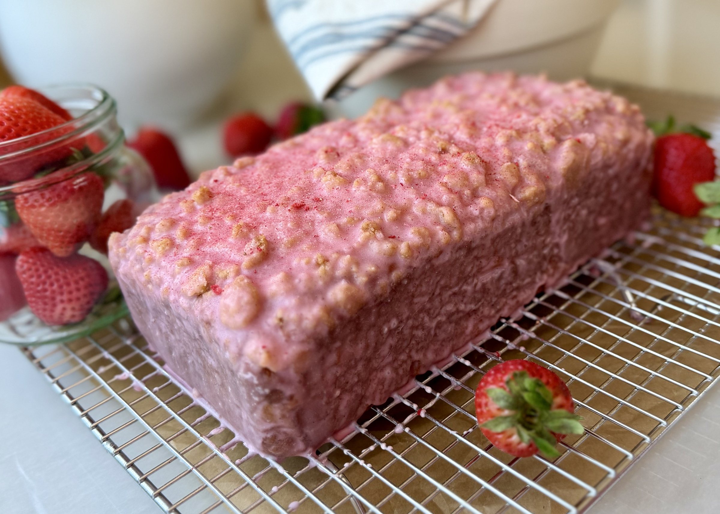Strawberry Old-Fashioned Donut Loaf, finished and ready to serve