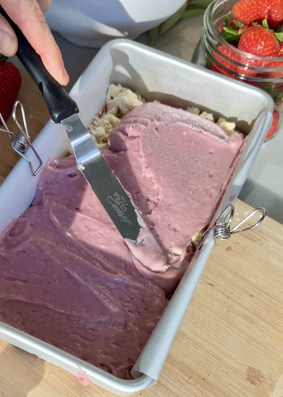 Strawberry Old-Fashioned Donut Loaf: batter spread