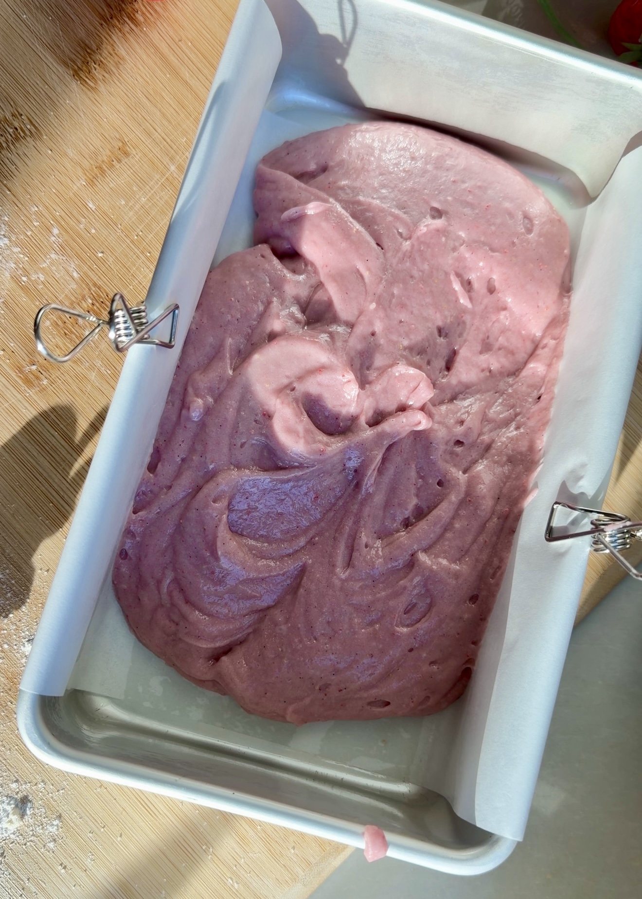 Strawberry Old-Fashioned Donut Loaf: first batter layer