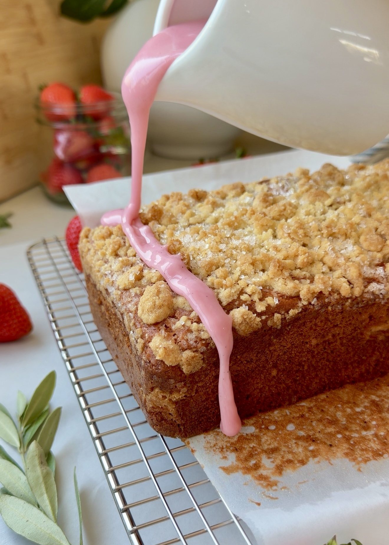 Strawberry Old-Fashioned Donut Loaf: glaze pour
