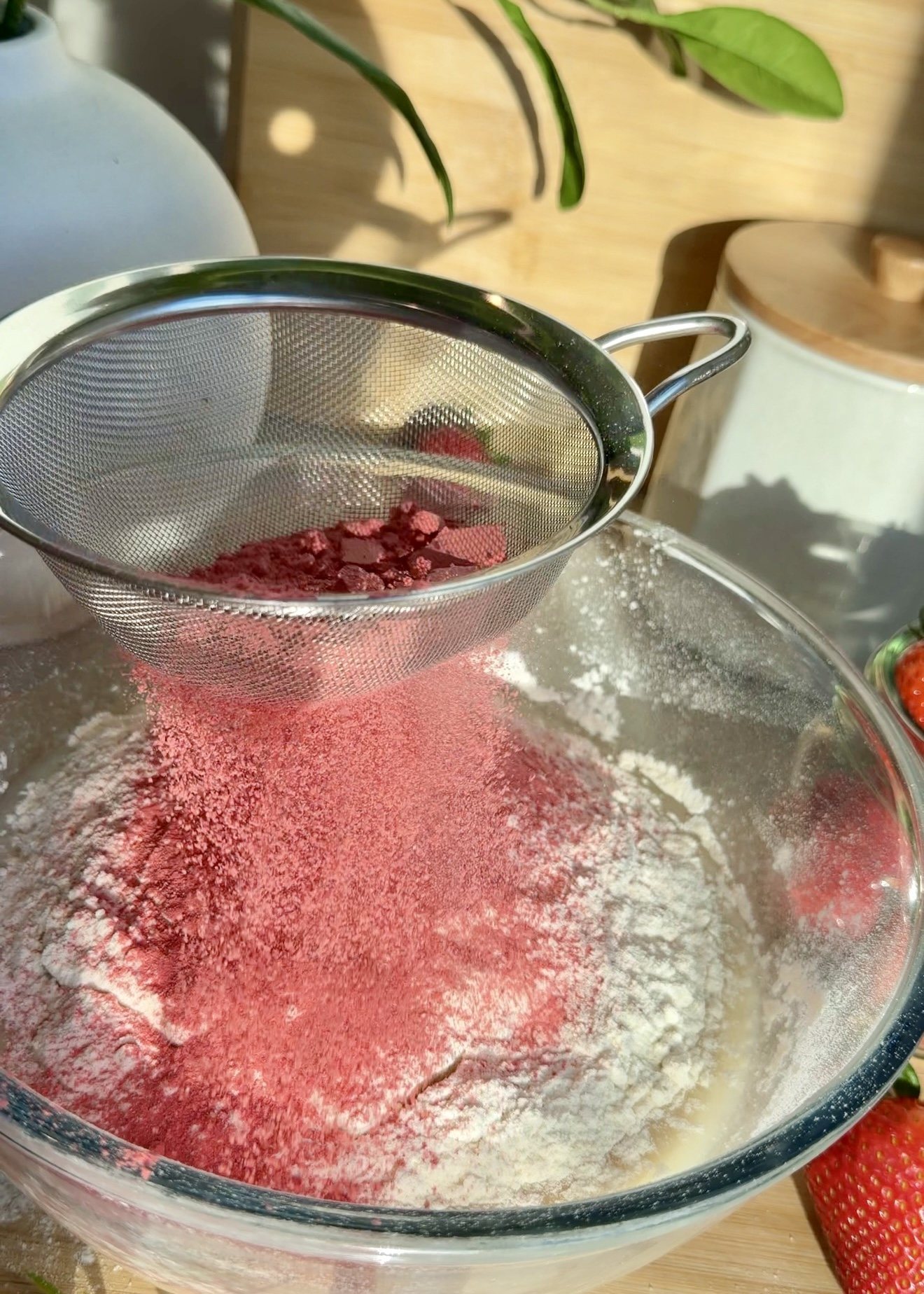 Strawberry Old-Fashioned Donut Loaf: strawberry powder