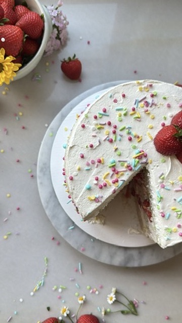 Strawberry Shortcake Cake Batter Cake: first slice
