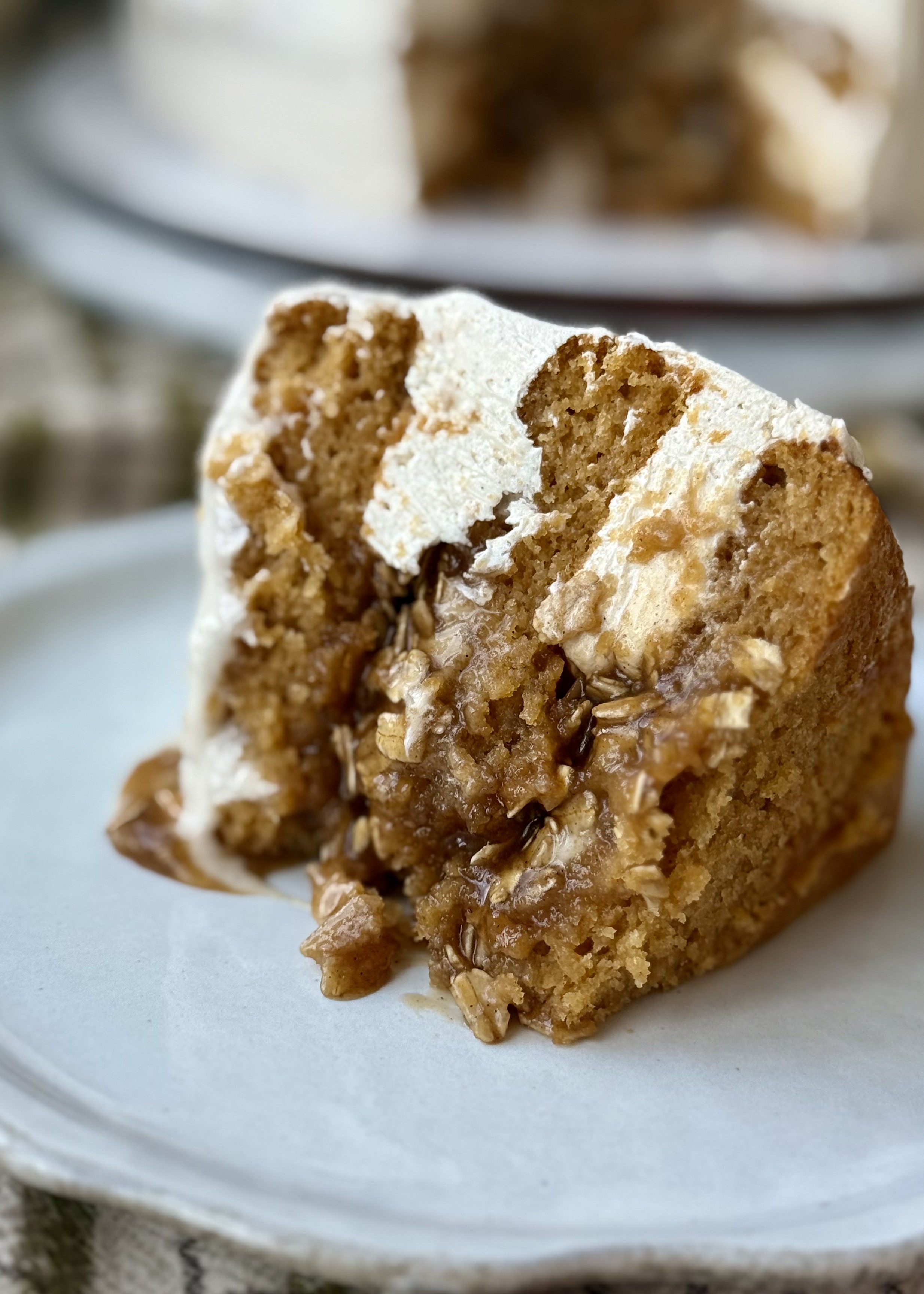 Close view of a Sweet Potato and Oatmeal Caramel Lava Cake slice showing the soft crumb and oatmeal filling