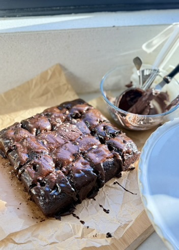 Warm Mocha Poke Cake, finished and ready to serve