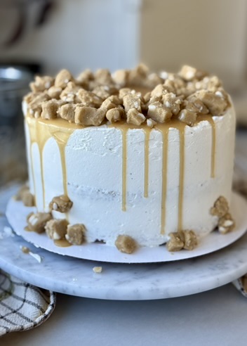 Finished White Chocolate Blondie Lava Cake with blondie drizzle and cookie-dough pieces