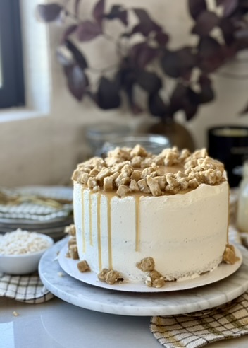 Finished White Chocolate Blondie Lava Cake covered with cookie-dough pieces