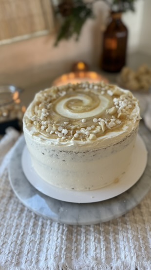 Finished White Chocolate Macadamia Nut Lava Cake with a vanilla lava swirl and chopped macadamias