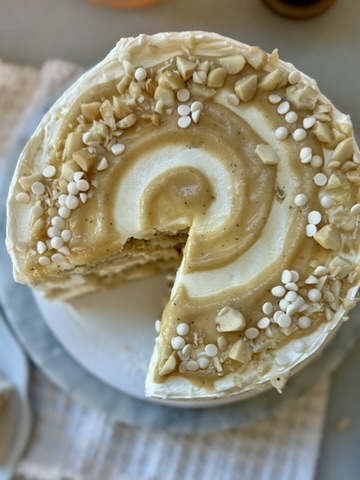 Overhead view of White Chocolate Macadamia Nut Lava Cake with a slice removed